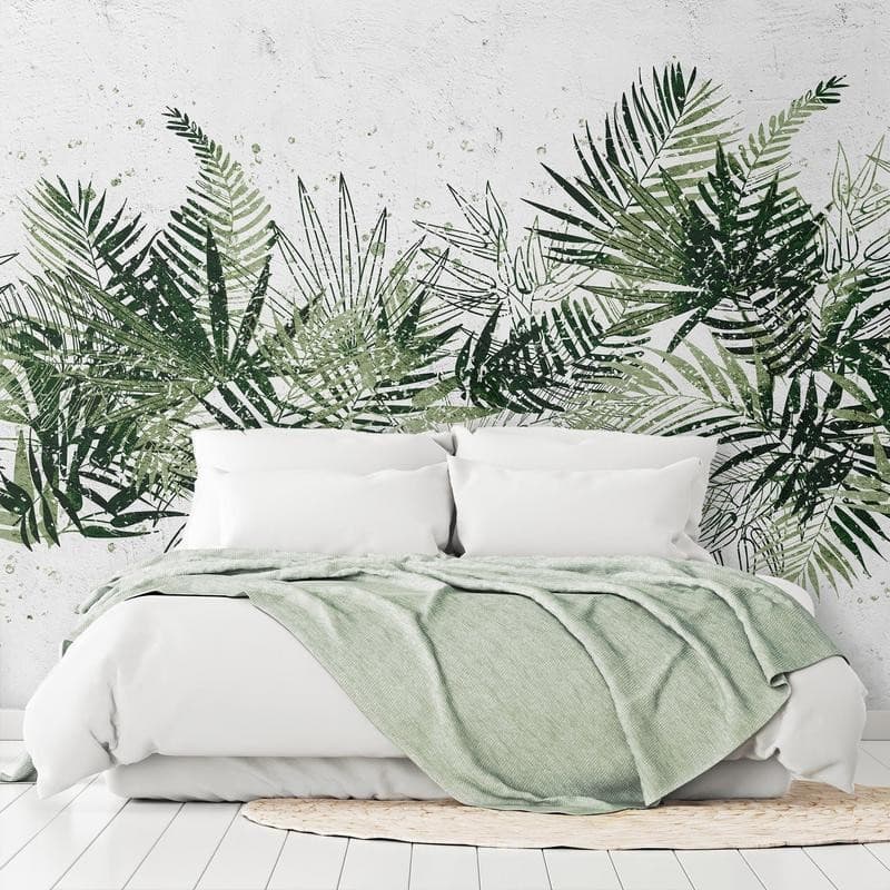 Carta da parati - Jungle and green plume - large tropical leaves on a white background in Carta da parati Collezione Casa - Trebisacce, commercioVirtuoso.it