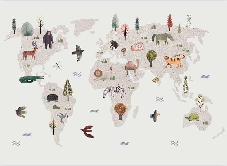 Carta da parati - Beige World - Continents With Animals in Muted Colours in Carta da parati Collezione Casa - Trebisacce, commercioVirtuoso.it