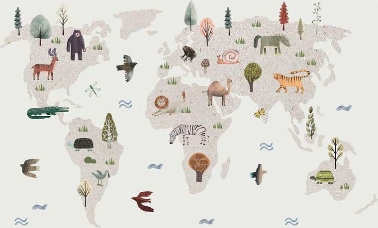 Carta da parati - Beige World - Continents With Animals in Muted Colours in Carta da parati Collezione Casa - Trebisacce, commercioVirtuoso.it