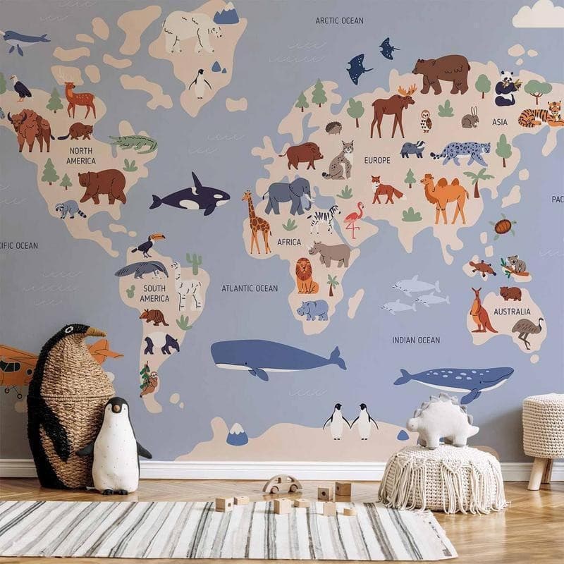 Carta da parati - World Map With Animal Illustrations in Carta da parati Collezione Casa - Trebisacce, commercioVirtuoso.it