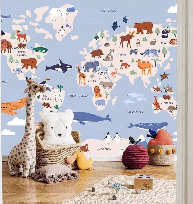 Carta da parati - World Map With Animal Illustrations in Carta da parati Collezione Casa - Trebisacce, commercioVirtuoso.it