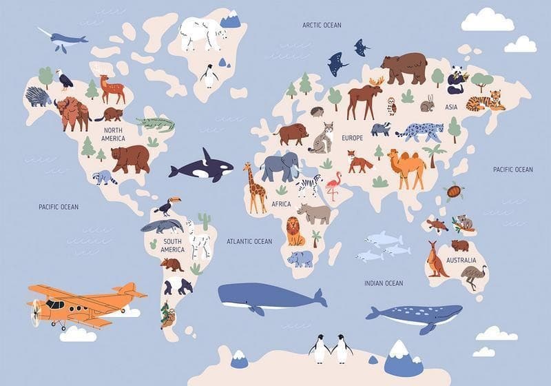 Carta da parati - World Map With Animal Illustrations in Carta da parati Collezione Casa - Trebisacce, commercioVirtuoso.it