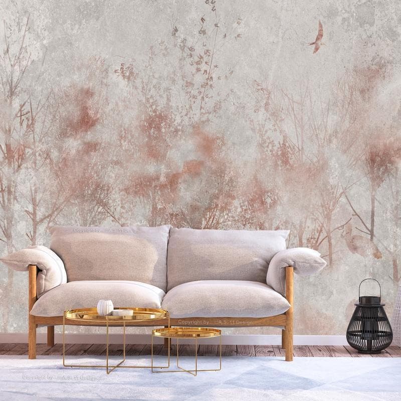Carta da parati - Autumn landscape - abstract with trees and birds on a textured background in Carta da parati Collezione Casa - Trebisacce, commercioVirtuoso.it