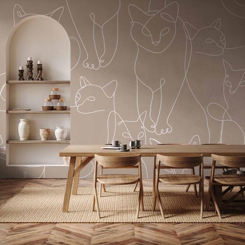 Carta da parati - Cat lineart - minimalist sketches of white cats on beige background in Carta da parati Collezione Casa - Trebisacce, commercioVirtuoso.it