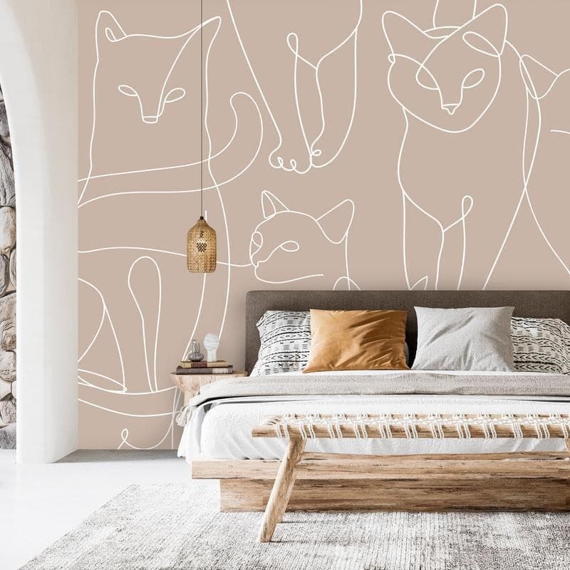 Carta da parati - Cat lineart - minimalist sketches of white cats on beige background in Carta da parati Collezione Casa - Trebisacce, commercioVirtuoso.it