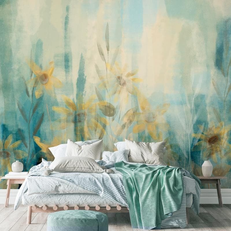 Carta da parati - A touch of summer - floral motif with a meadow of flowers in blue tones in Carta da parati Collezione Casa - Trebisacce, commercioVirtuoso.it