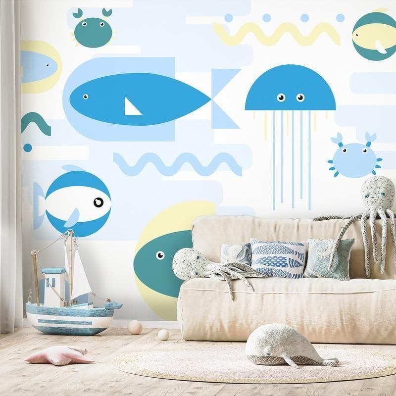 Carta da parati - Animals in the sea - geometric blue fish in water for kids in Carta da parati Collezione Casa - Trebisacce, commercioVirtuoso.it