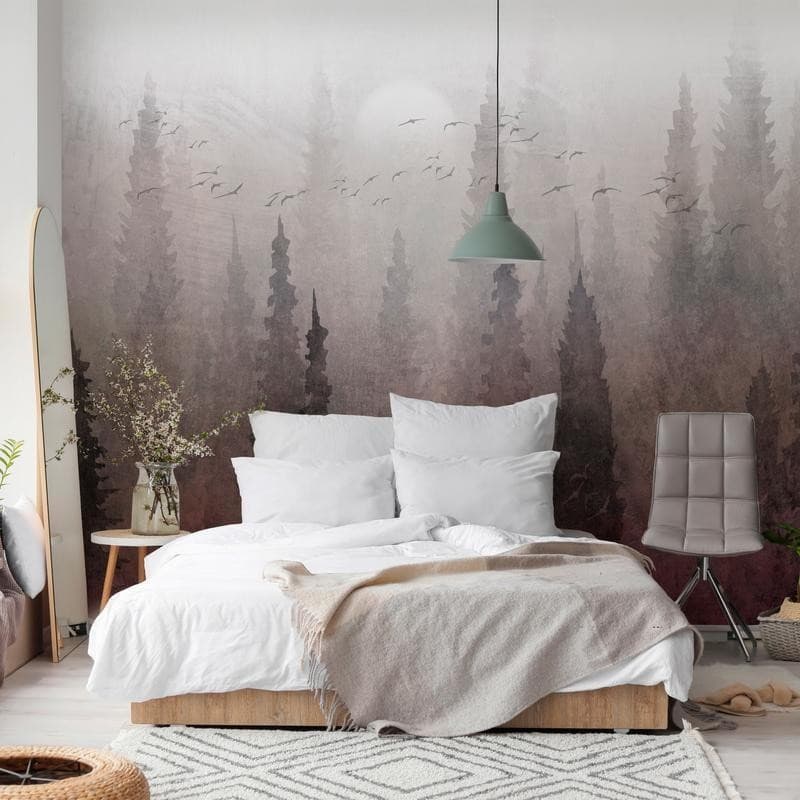 Carta da parati - Birds flight over treetops - landscape of a dark forest in fog in Carta da parati Collezione Casa - Trebisacce, commercioVirtuoso.it