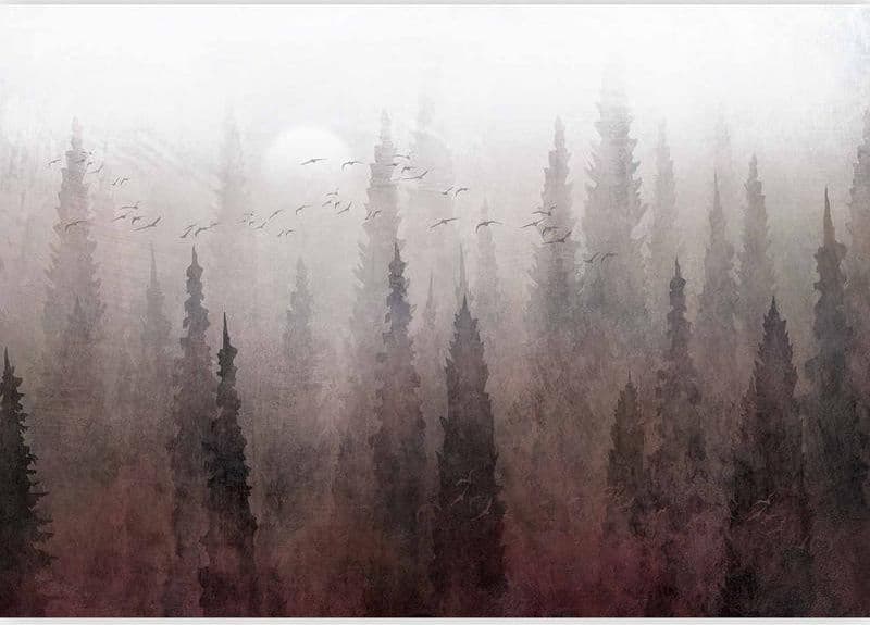 Carta da parati - Birds flight over treetops - landscape of a dark forest in fog in Carta da parati Collezione Casa - Trebisacce, commercioVirtuoso.it