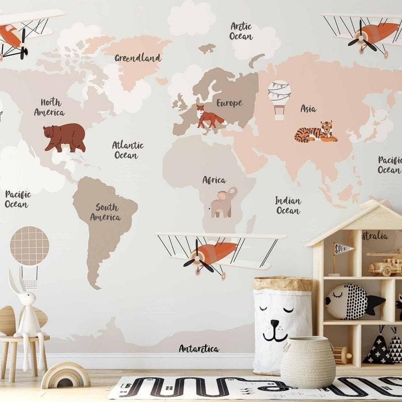 Carta da parati - Map in Shades of Beige - Continents With Animals in Carta da parati Collezione Casa - Trebisacce, commercioVirtuoso.it
