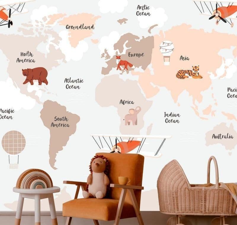 Carta da parati - Map in Shades of Beige - Continents With Animals in Carta da parati Collezione Casa - Trebisacce, commercioVirtuoso.it