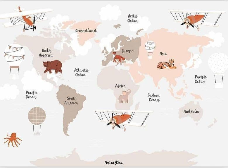 Carta da parati - Map in Shades of Beige - Continents With Animals in Carta da parati Collezione Casa - Trebisacce, commercioVirtuoso.it