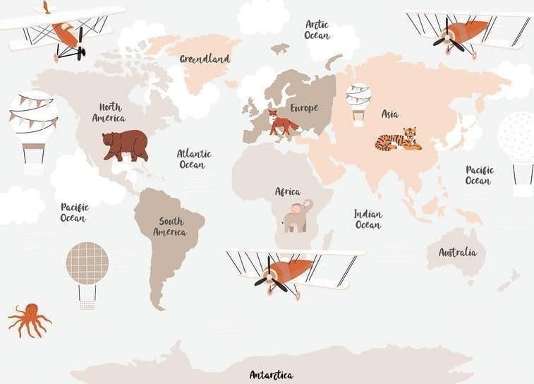 Carta da parati - Map in Shades of Beige - Continents With Animals in Carta da parati Collezione Casa - Trebisacce, commercioVirtuoso.it