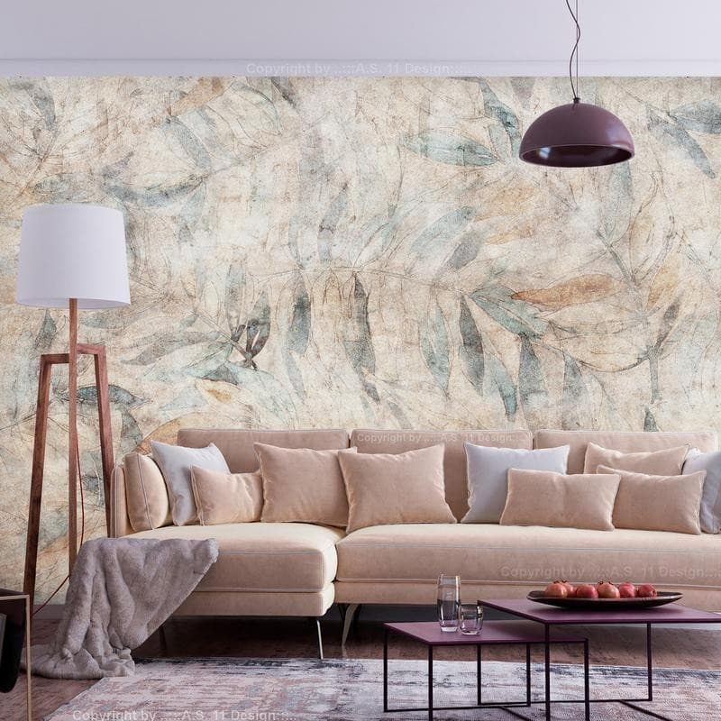 Carta da parati - Greek laurels - faded composition with leaves on a beige patterned background in Carta da parati Collezione Casa - Trebisacce, commercioVirtuoso.it