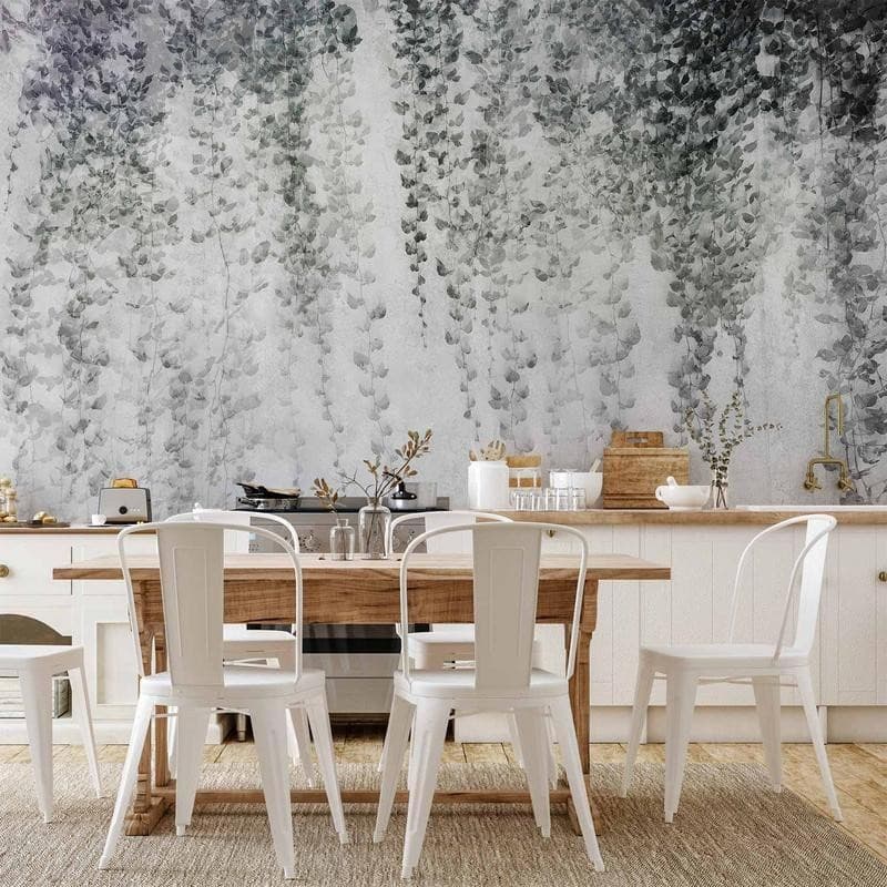 Carta da parati - Peaceful oasis - landscape of hanging black leaf vines on a grey background in Carta da parati Collezione Casa - Trebisacce, commercioVirtuoso.it