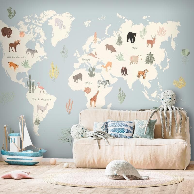 Carta da parati - Pastel Planet - Animals and Underwater Plants on a Map in Carta da parati Collezione Casa - Trebisacce, commercioVirtuoso.it