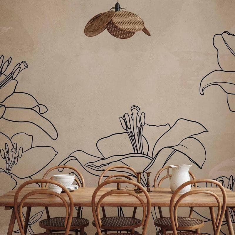 Carta da parati - Sketch of nature - minimalist lineart with lily flowers on a beige background in Carta da parati Collezione Casa - Trebisacce, commercioVirtuoso.it