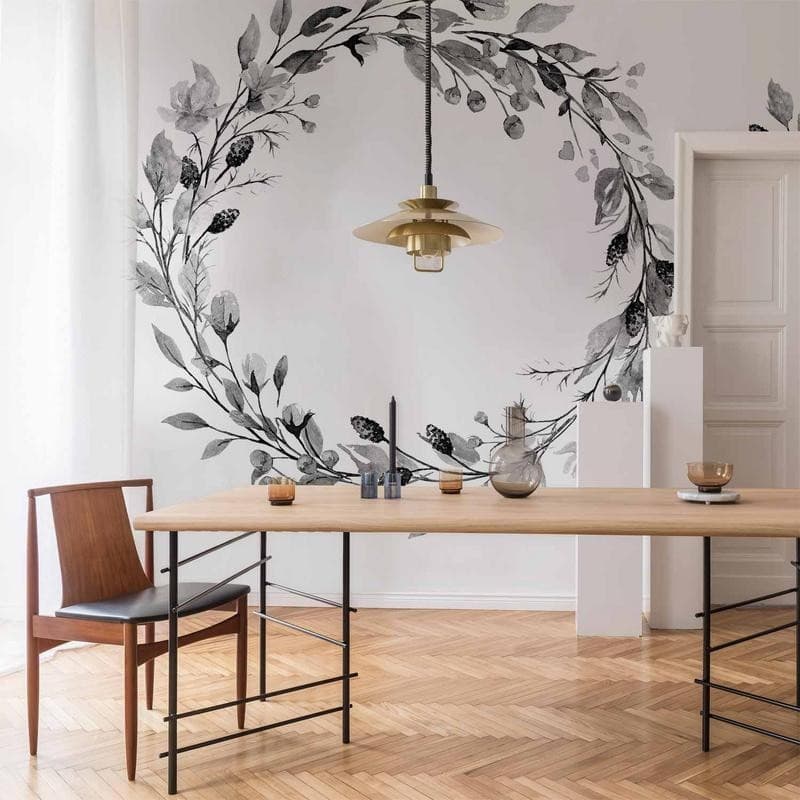 Carta da parati - Romantic wreath - grey plant motif with leaves with rose pattern in Carta da parati Collezione Casa - Trebisacce, commercioVirtuoso.it