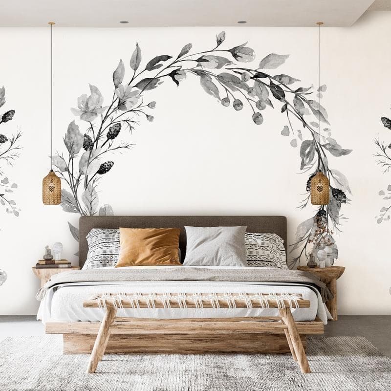 Carta da parati - Romantic wreath - grey plant motif with leaves with rose pattern in Carta da parati Collezione Casa - Trebisacce, commercioVirtuoso.it