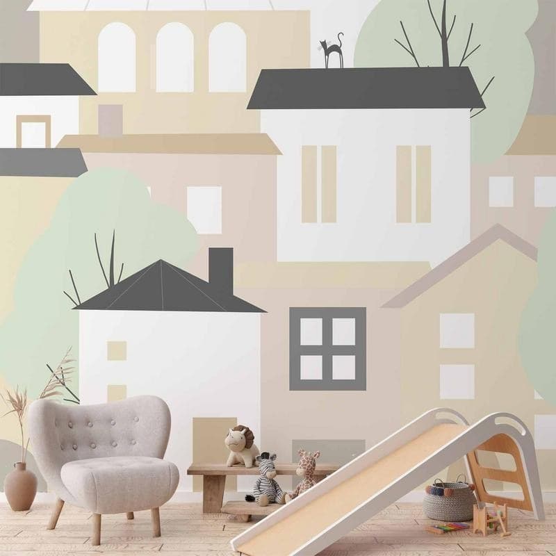 Carta da parati - Yellow town - city suburb with trees and cats for children in Carta da parati Collezione Casa - Trebisacce, commercioVirtuoso.it