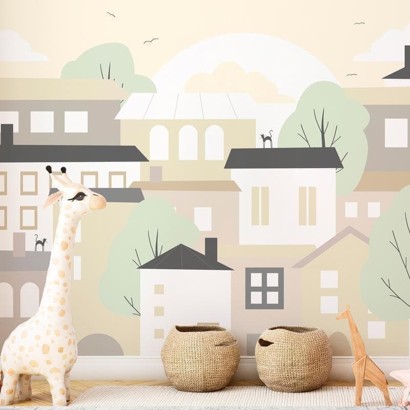 Carta da parati - Yellow town - city suburb with trees and cats for children in Carta da parati Collezione Casa - Trebisacce, commercioVirtuoso.it