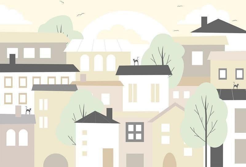 Carta da parati - Yellow town - city suburb with trees and cats for children in Carta da parati Collezione Casa - Trebisacce, commercioVirtuoso.it