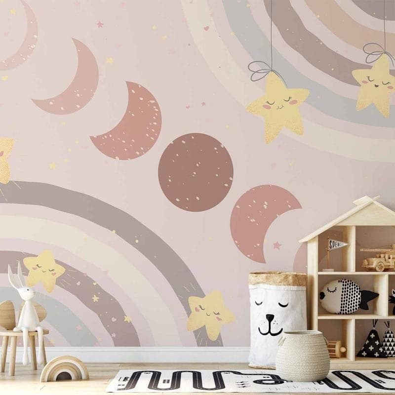 Carta da parati - Phases of the Moon Among Stars and Rainbows in Carta da parati Collezione Casa - Trebisacce, commercioVirtuoso.it