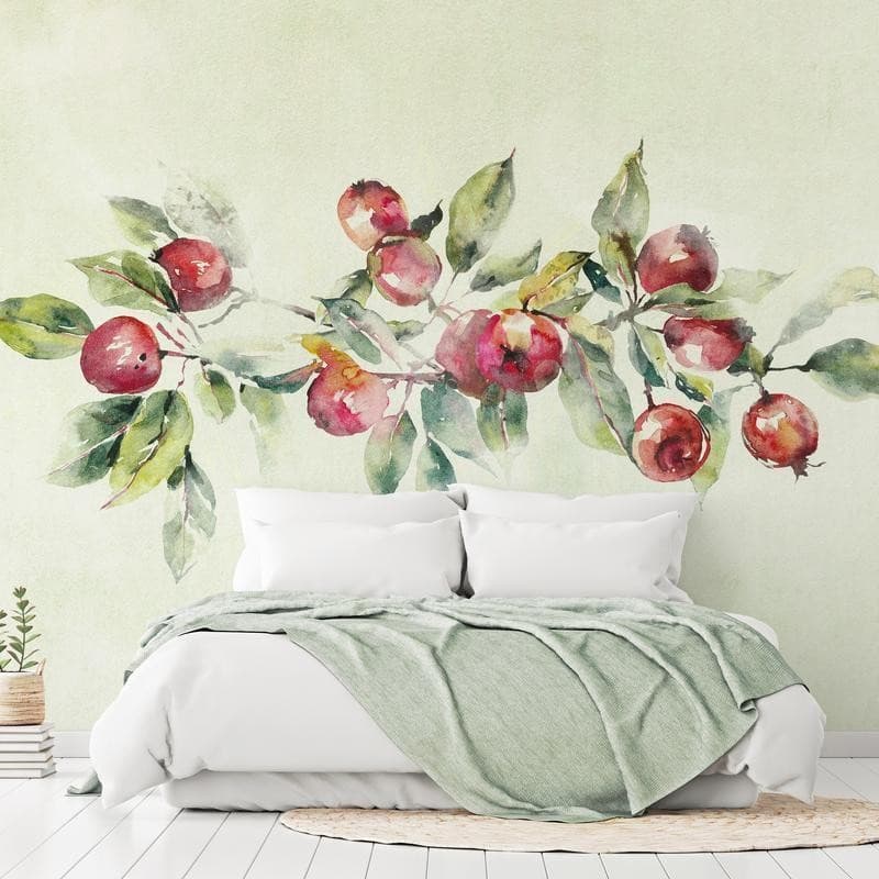Carta da parati - Apple branch - delicate landscape with a plant and apples on a white background in Carta da parati Collezione Casa - Trebisacce, commercioVirtuoso.it