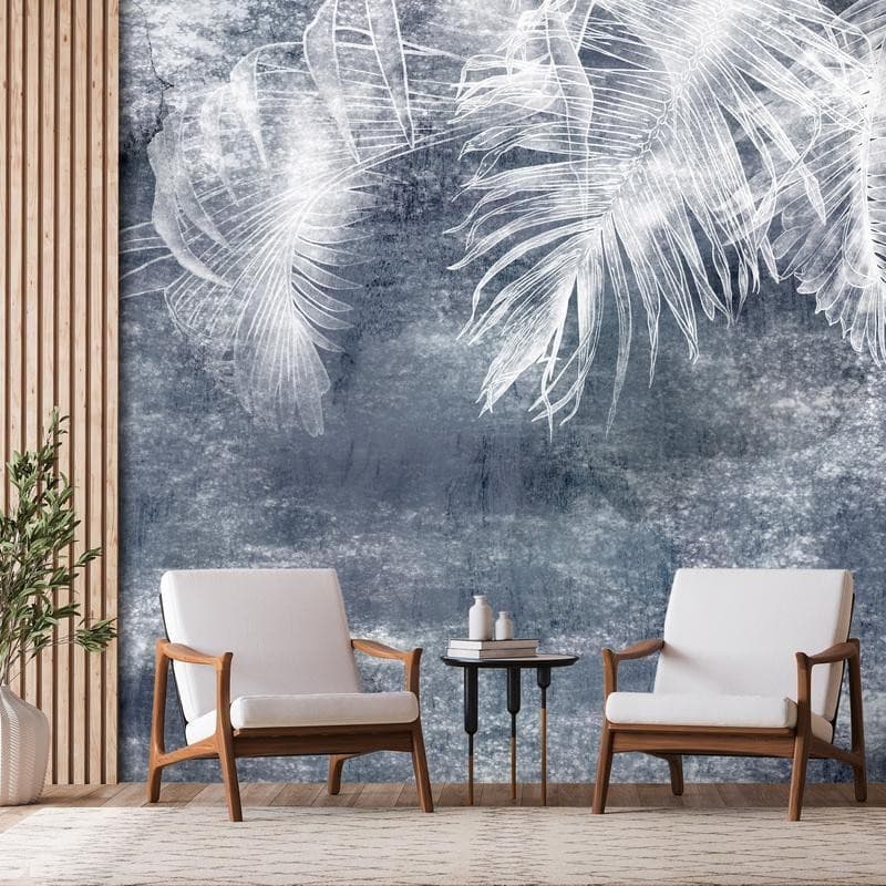 Carta da parati - Abstraction with nature - exotic leaves on a blue background with pattern in Carta da parati Collezione Casa - Trebisacce, commercioVirtuoso.it
