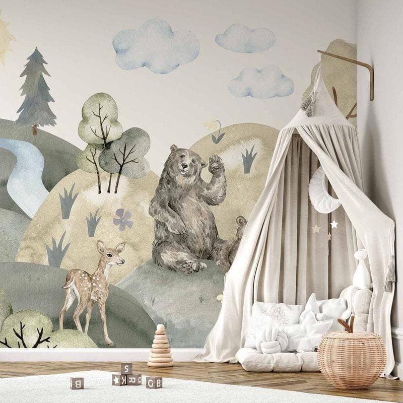 Carta da parati - Green Hills - a Valley With Animals Painted in Watercolours in Carta da parati Collezione Casa - Trebisacce, commercioVirtuoso.it