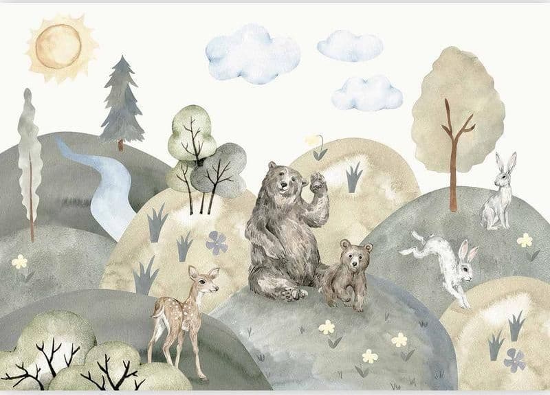 Carta da parati - Green Hills - a Valley With Animals Painted in Watercolours in Carta da parati Collezione Casa - Trebisacce, commercioVirtuoso.it