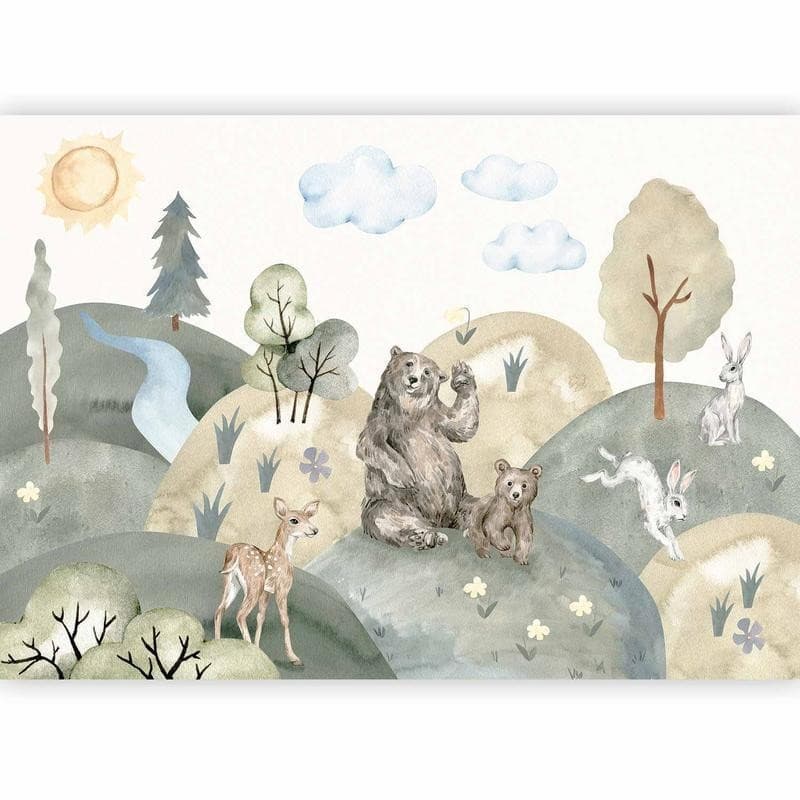 Carta da parati - Green Hills - a Valley With Animals Painted in Watercolours in Carta da parati Collezione Casa - Trebisacce, commercioVirtuoso.it