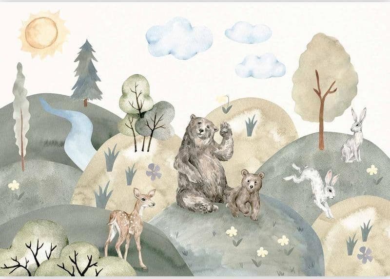 Carta da parati - Green Hills - a Valley With Animals Painted in Watercolours in Carta da parati Collezione Casa - Trebisacce, commercioVirtuoso.it