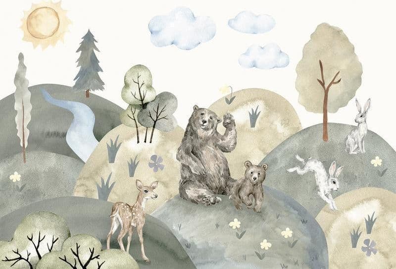 Carta da parati - Green Hills - a Valley With Animals Painted in Watercolours in Carta da parati Collezione Casa - Trebisacce, commercioVirtuoso.it
