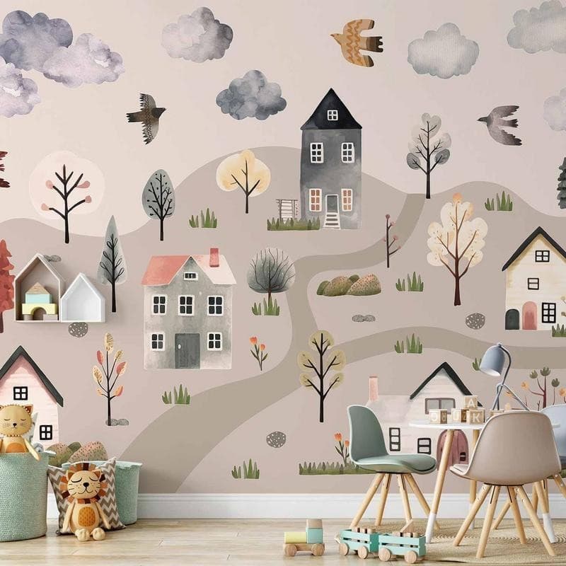 Carta da parati - Scandinavian Valley - Village in Pastel Colours Painted in Watercolours in Carta da parati Collezione Casa - Trebisacce, commercioVirtuoso.it