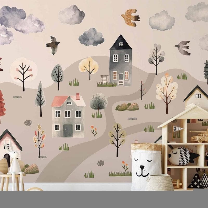 Carta da parati - Scandinavian Valley - Village in Pastel Colours Painted in Watercolours in Carta da parati Collezione Casa - Trebisacce, commercioVirtuoso.it