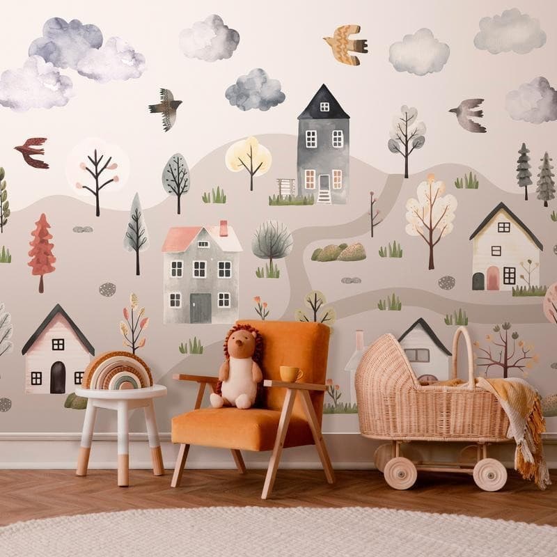 Carta da parati - Scandinavian Valley - Village in Pastel Colours Painted in Watercolours in Carta da parati Collezione Casa - Trebisacce, commercioVirtuoso.it