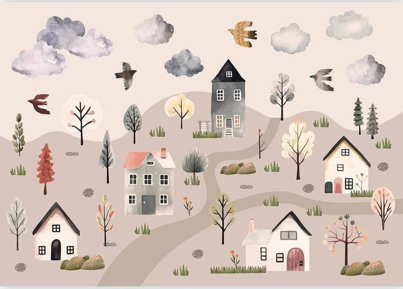 Carta da parati - Scandinavian Valley - Village in Pastel Colours Painted in Watercolours in Carta da parati Collezione Casa - Trebisacce, commercioVirtuoso.it