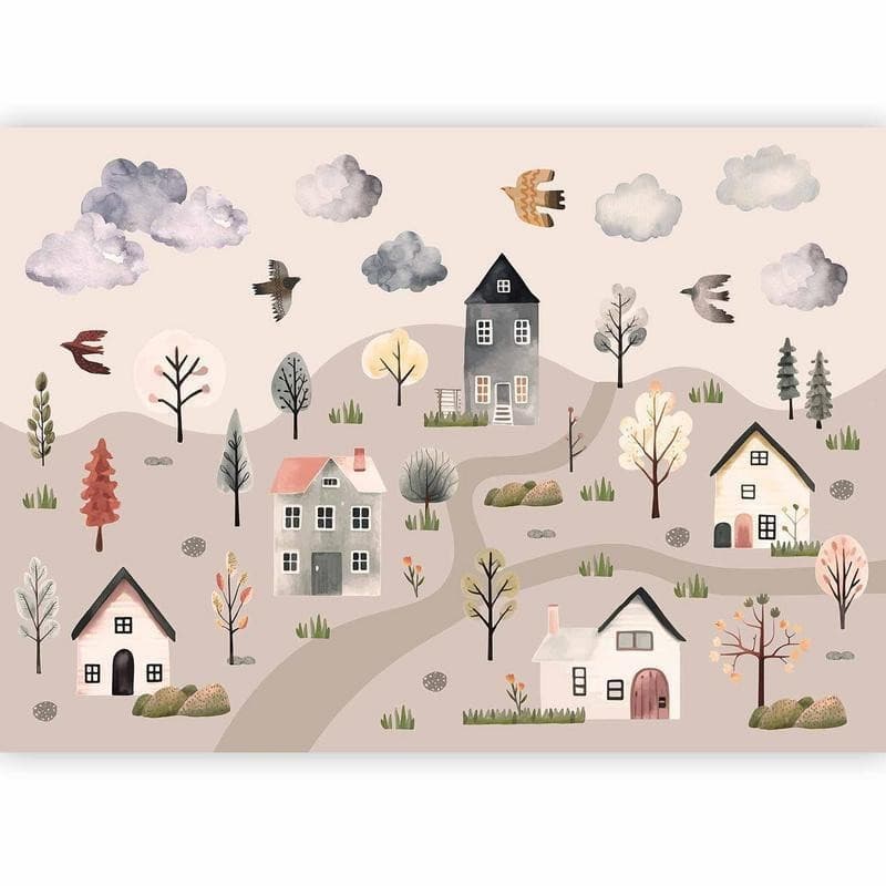 Carta da parati - Scandinavian Valley - Village in Pastel Colours Painted in Watercolours in Carta da parati Collezione Casa - Trebisacce, commercioVirtuoso.it
