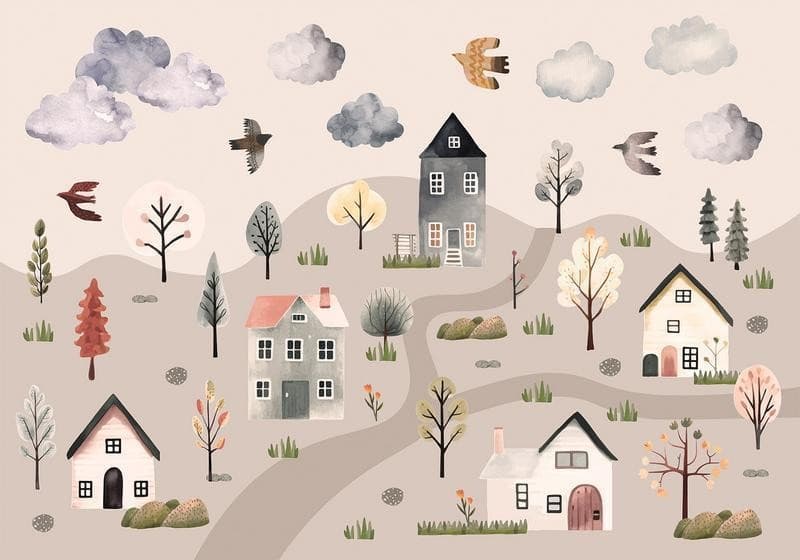 Carta da parati - Scandinavian Valley - Village in Pastel Colours Painted in Watercolours in Carta da parati Collezione Casa - Trebisacce, commercioVirtuoso.it