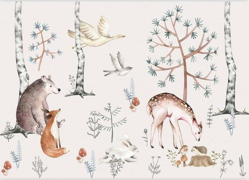 Carta da parati - Forest Land With Animals Painted in Watercolours in Carta da parati Collezione Casa - Trebisacce, commercioVirtuoso.it
