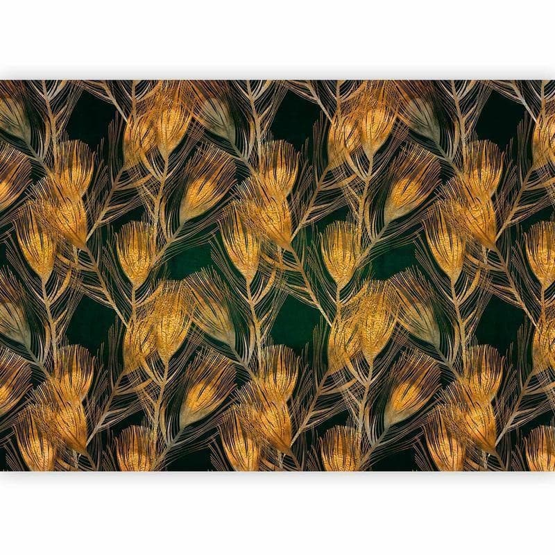 Carta da parati - Golden peacock feathers - solid background with bird pattern on green background in Carta da parati Collezione Casa - Trebisacce, commercioVirtuoso.it