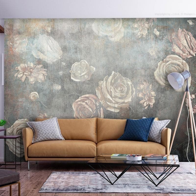 Carta da parati - Misty nature - muted rose flowers on a background in grey tones in Carta da parati Collezione Casa - Trebisacce, commercioVirtuoso.it