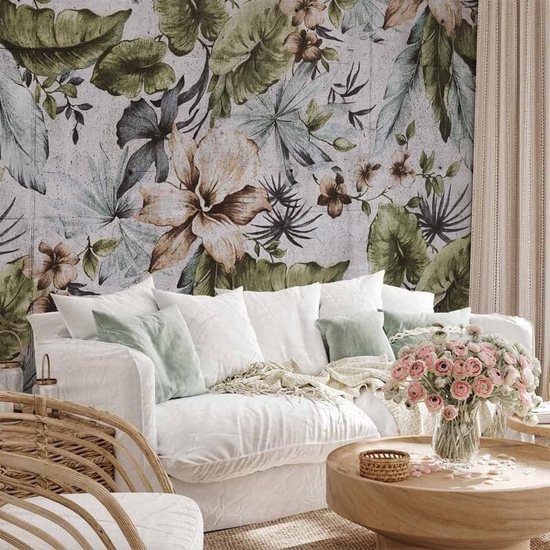 Carta da parati - Nature in retro style - jungle landscape with pale leaves and flowers