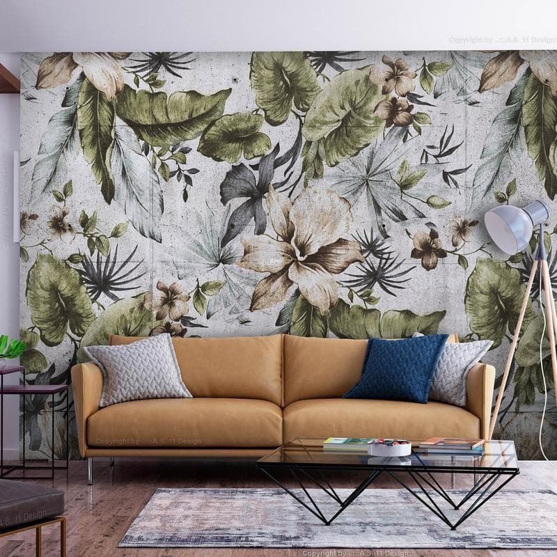 Carta da parati - Nature in retro style - jungle landscape with pale leaves and flowers in Carta da parati Collezione Casa - Trebisacce, commercioVirtuoso.it