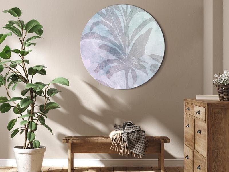 Quadro rotondo - Palm trees in the fog - Palm trees among pastel clouds in purple and celadon tones/Misty tropics in Poster e stampe Collezione Casa - Trebisacce, commercioVirtuoso.it