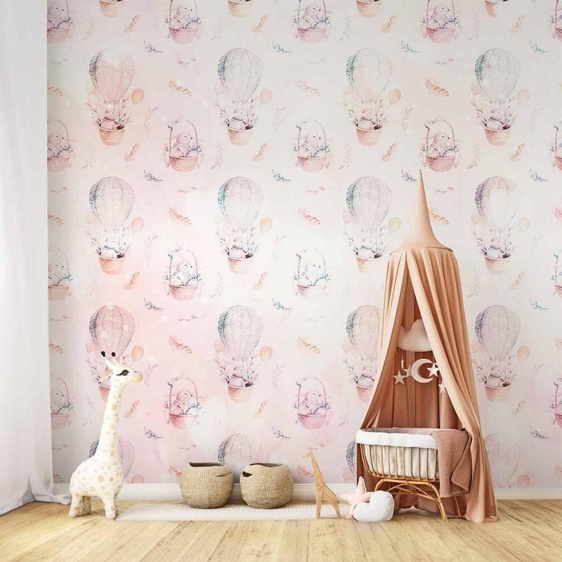 Carta da parati - Solid pattern with feathers - hares in a basket and in a balloon for children in Carta da parati Collezione Casa - Trebisacce, commercioVirtuoso.it