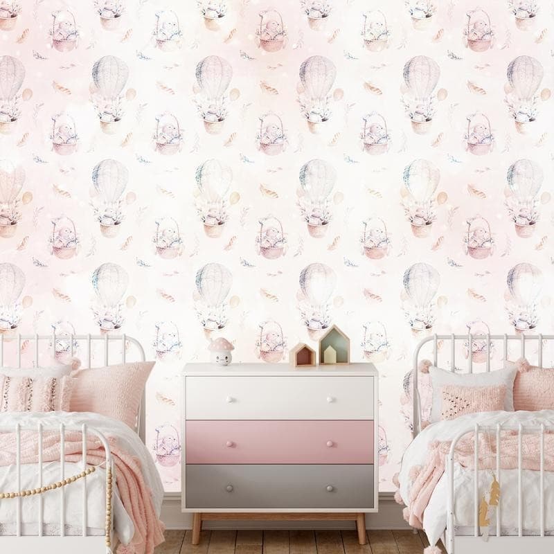 Carta da parati - Solid pattern with feathers - hares in a basket and in a balloon for children in Carta da parati Collezione Casa - Trebisacce, commercioVirtuoso.it