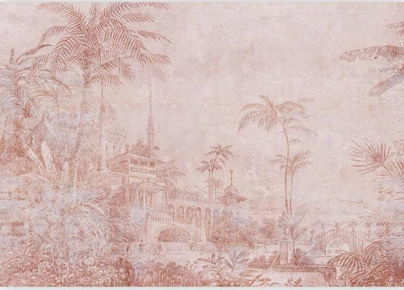Carta da parati - Landscape with temple - engraving of Indian architecture with palm trees in Carta da parati Collezione Casa - Trebisacce, commercioVirtuoso.it