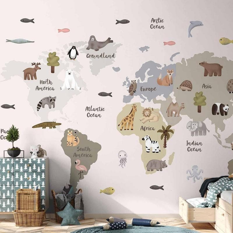 Carta da parati - Pastel Map - Animals and Continents for Childrens Room in Sticker da muro e lettere in legno Collezione Casa - Trebisacce, commercioVirtuoso.it